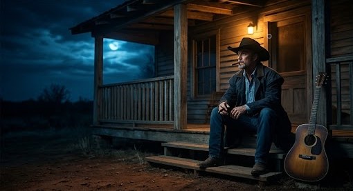 Rowedog, in a cowboy hat, sitting on the steps of a wooden porch at night with an acoustic guitar beside him